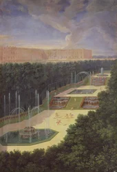The Groves of Versailles, Perspektiv udsigt over de tre fontæner med keruber, der river og vander, 1688